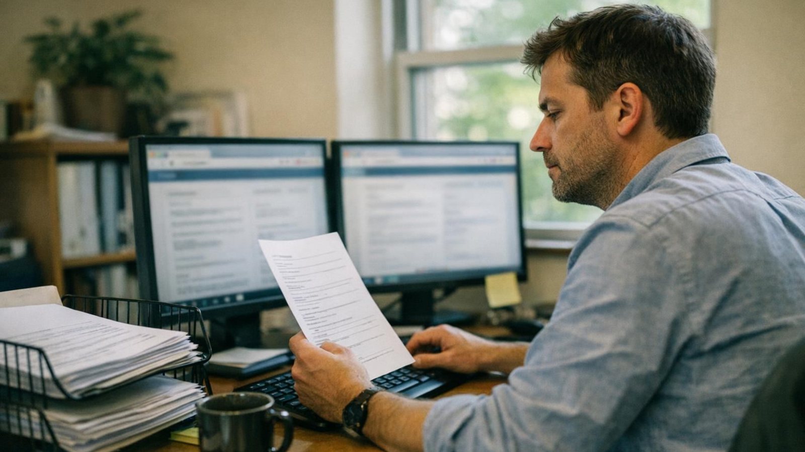 Admissions director at an independent school retyping information from a printed application into a second system on one screen