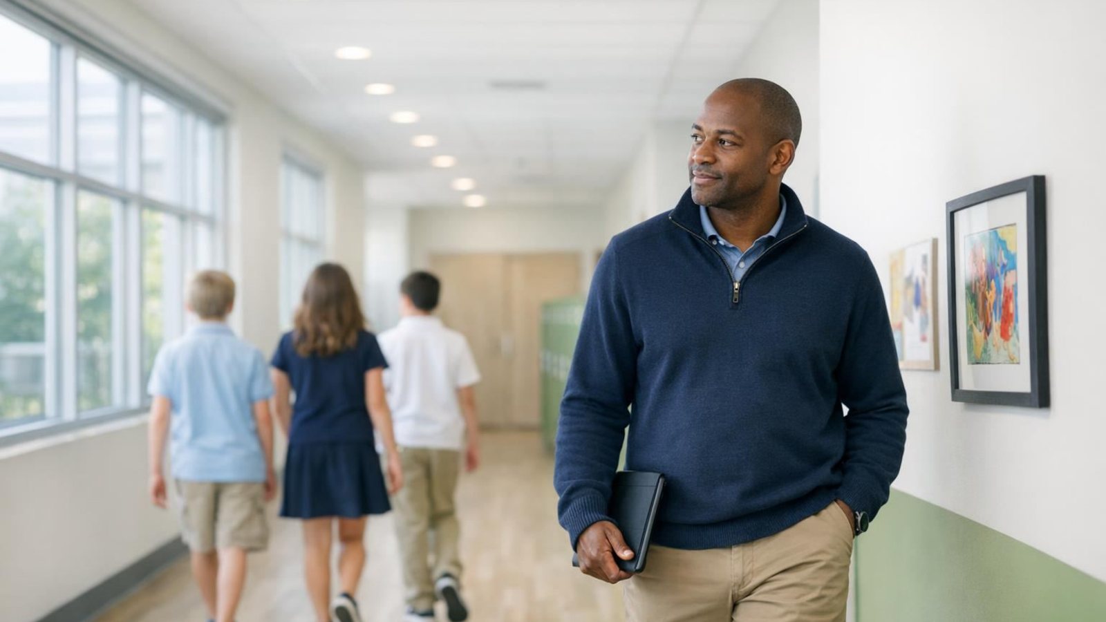 Head of a small independent school walking a bright hallway with a tablet while students head to class