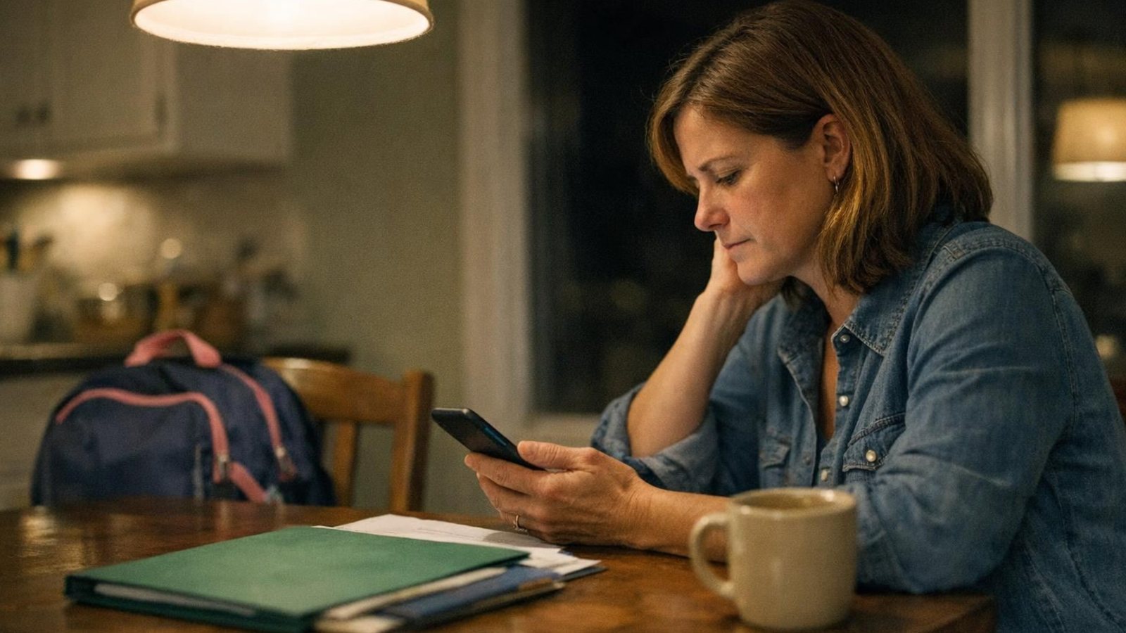 Parent at a kitchen table in the evening paying a private school tuition installment on a phone, screen angled away