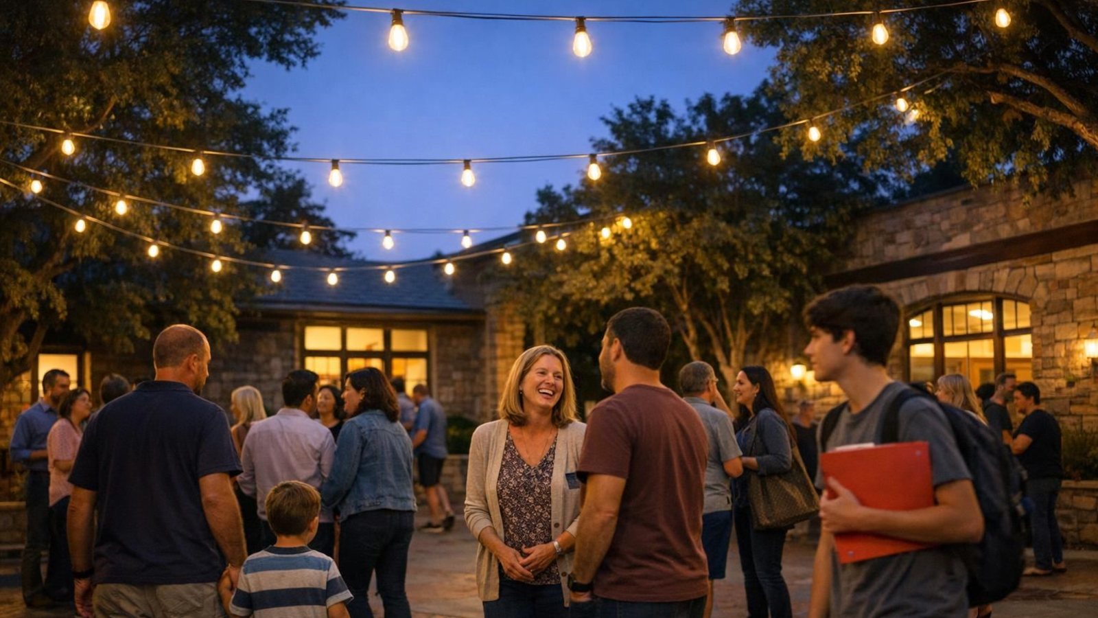 Families and teachers talking in a private school courtyard at dusk during a back-to-school evening, with string lights overhead