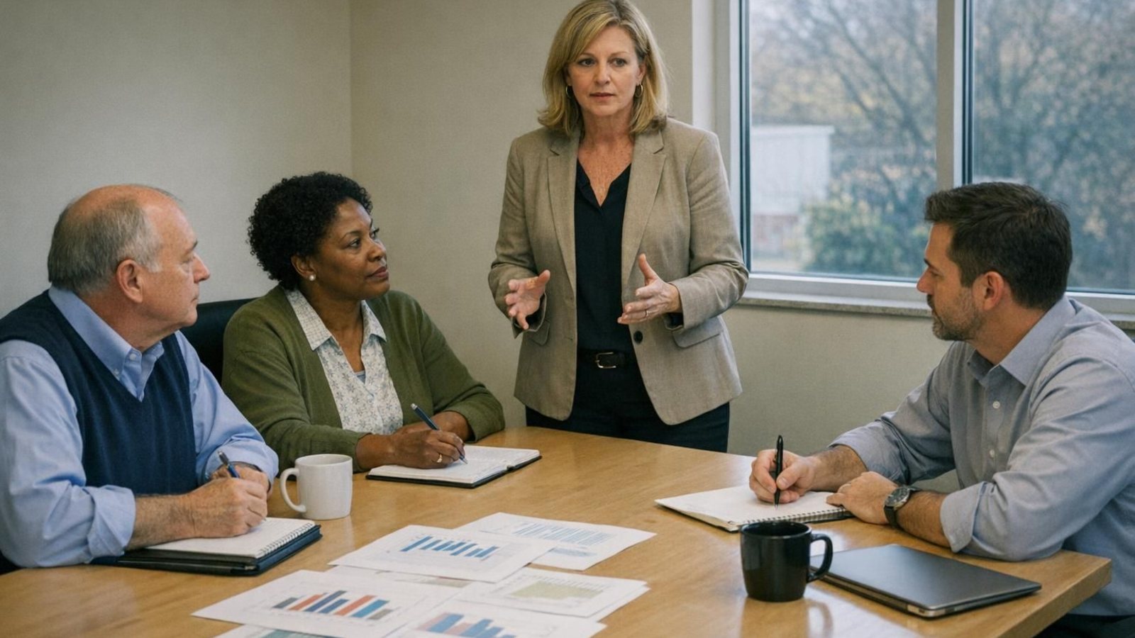 Four school administrators around a conference table with printed charts, one standing at the head of the table speaking