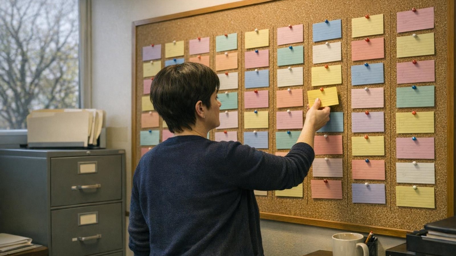 A school registrar moving a colored index card on a cork board laid out as a class schedule grid
