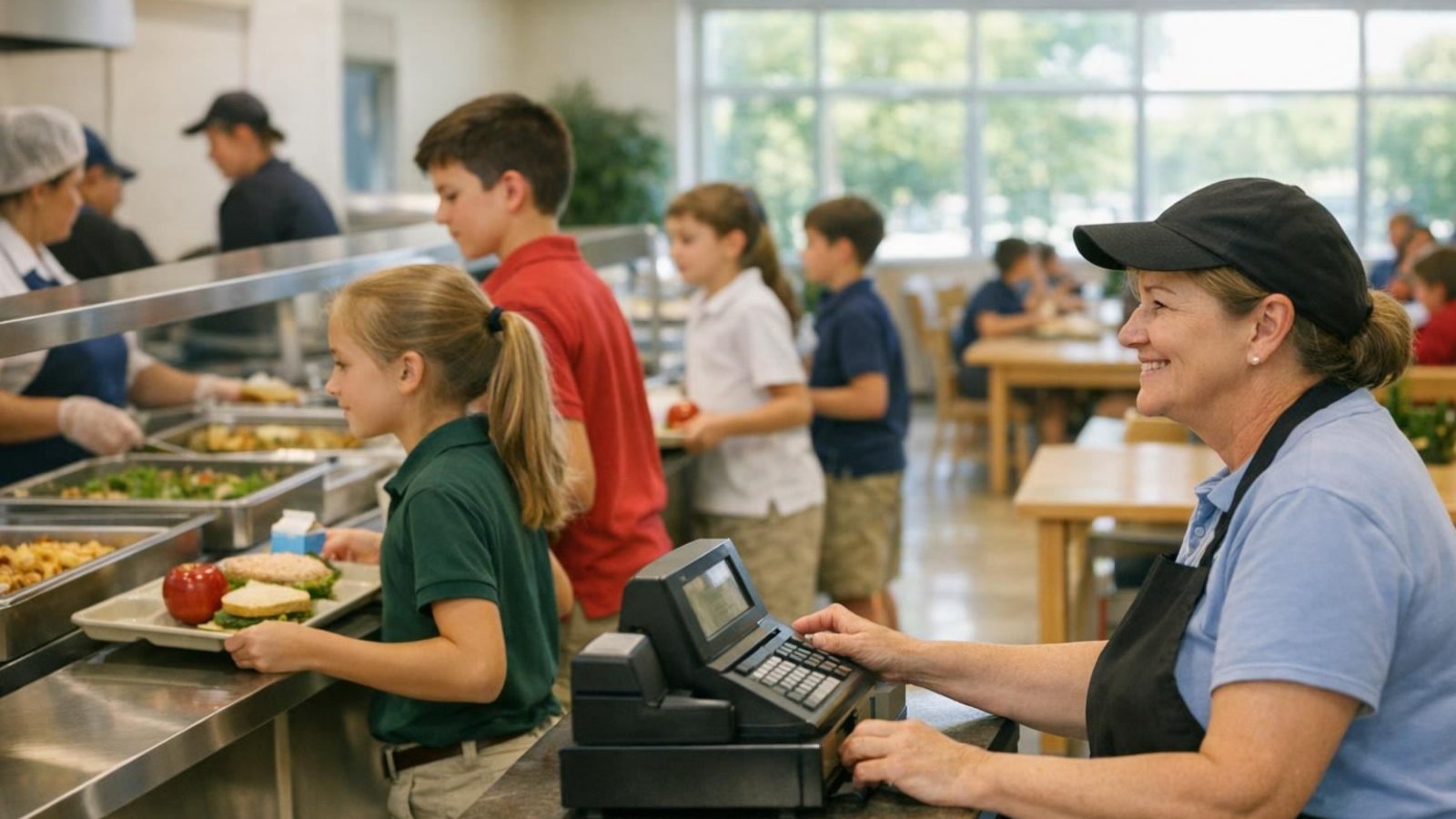 Students moving through a private school cafeteria lunch line while a staff member works the register