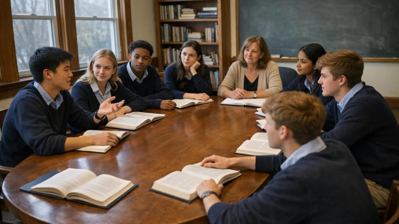 A teacher and eight students around a wooden seminar table in a small independent school classroom