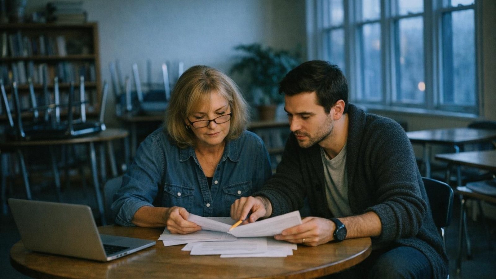 Two teachers at a round table in an empty classroom after school, reviewing printed pages together in cool late-afternoon light