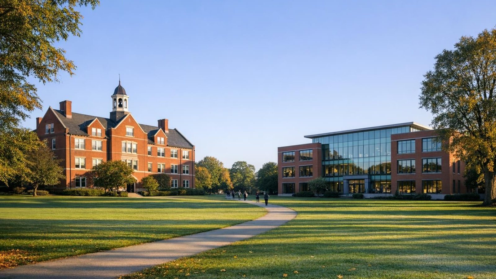 An older brick school building with a bell tower and a modern glass building facing each other across a tree-lined lawn on an autumn morning